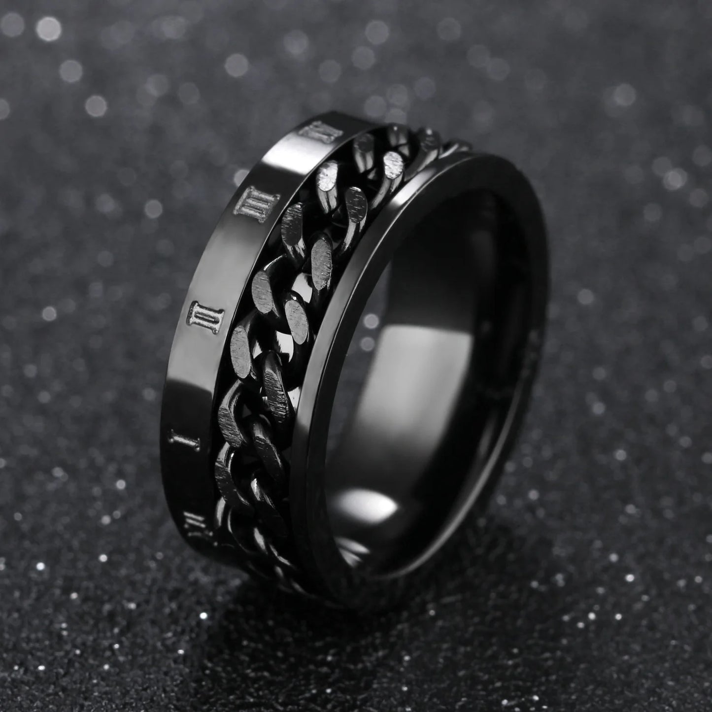 Men's Stainless Steel Roman Numeral Spinner Ring – Fidget Anxiety Ring, Black Rotating Chain Design