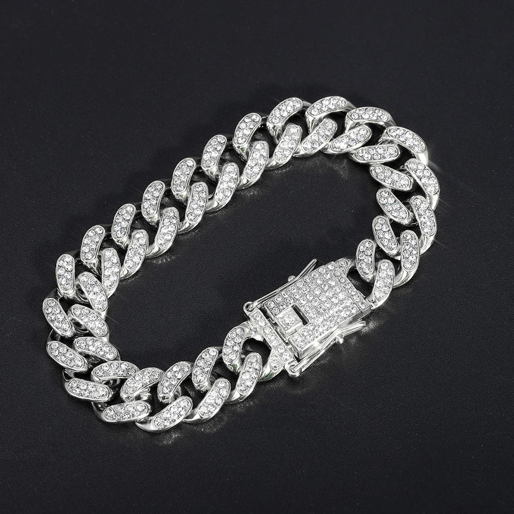 Shiny Gold Cuban Link Chain Bracelet – Iced Out Rhinestone Wristband for Men & Women