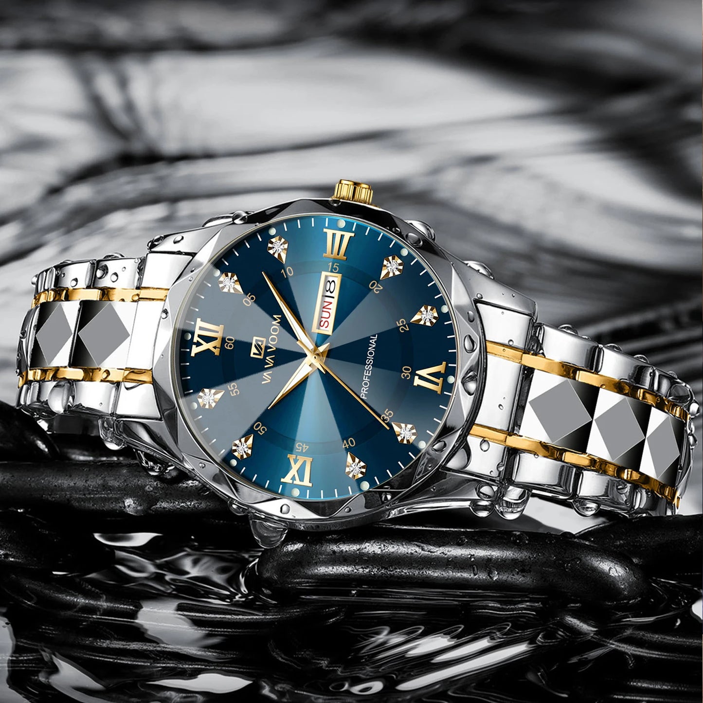 Luxury Men’s Diamond Watch – Blue Gold Stainless Steel, Night Glow, Double Calendar, 41mm