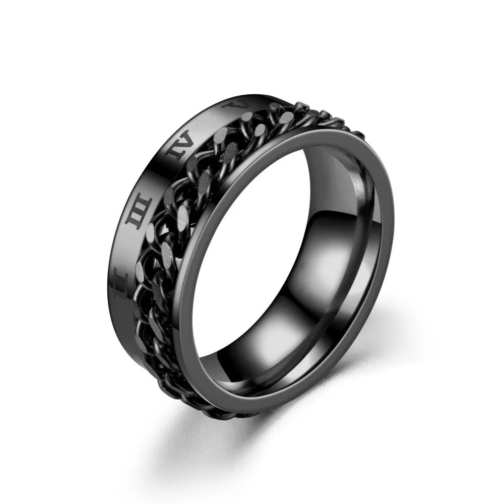 Men's Stainless Steel Roman Numeral Spinner Ring – Fidget Anxiety Ring, Black Rotating Chain Design