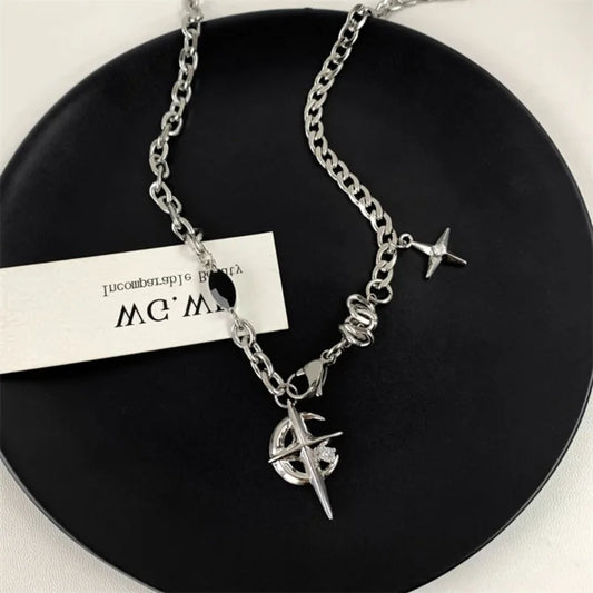 Black Zircon Star Moon Pendant Necklace for Men – Y2K Cuban Figaro Chain Punk Jewelry