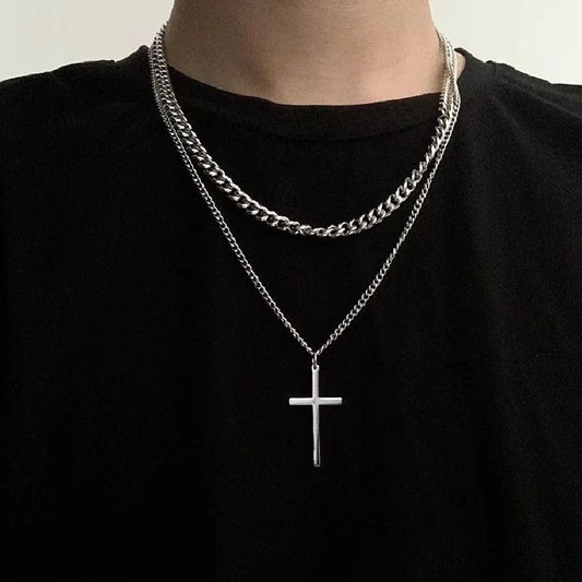 Punk Multilayer Cross Pendant Necklace -Vintage Cuban Chain