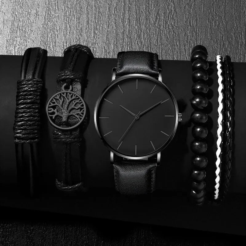 Luxury Men's Watch Set - 5 Piece Quartz Wristwatch, Leather Bracelet, Business & Casual