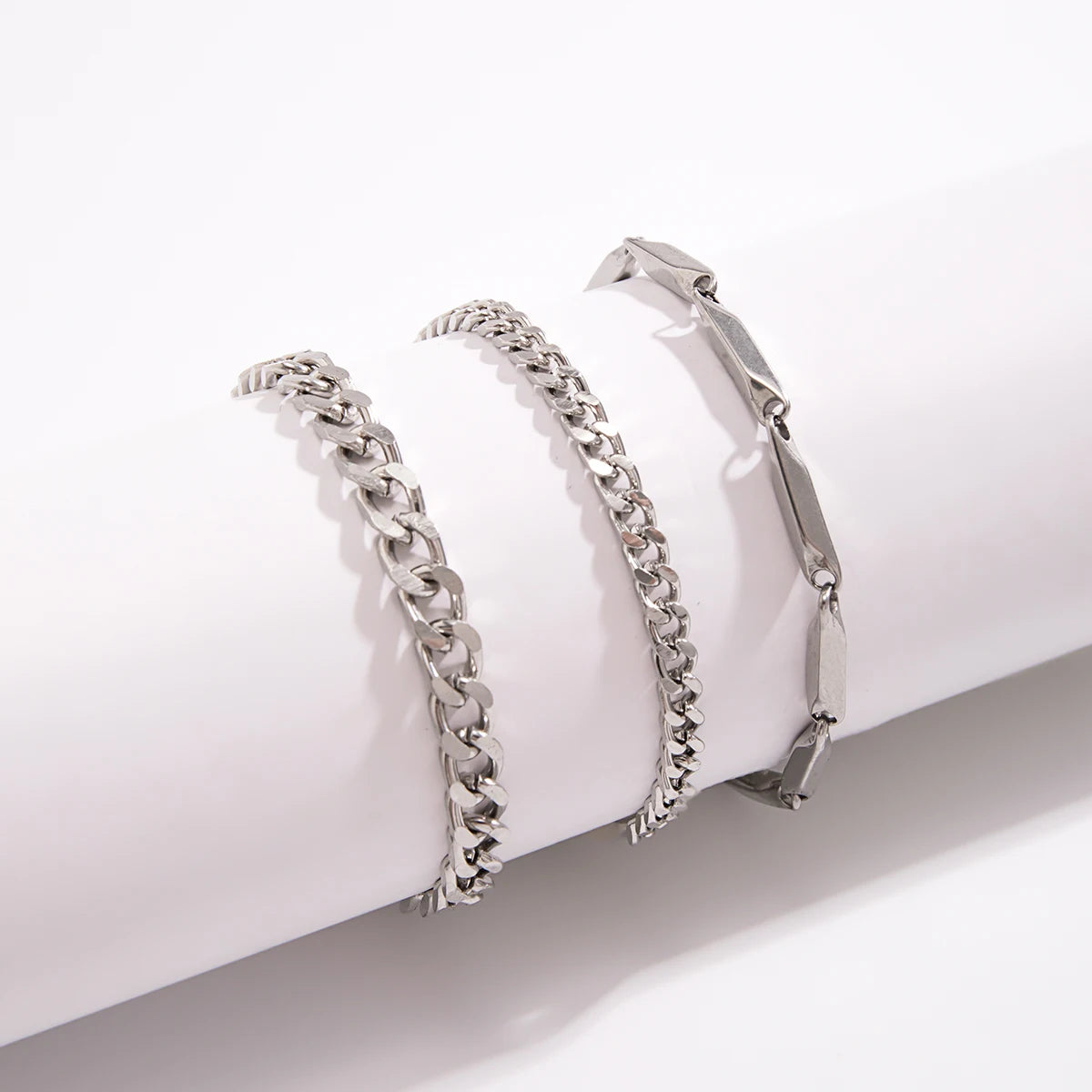 KunJoe 3-Piece Men's Cuban Chain Bracelet Set – Stainless Steel, Silver, Hip Hop Style