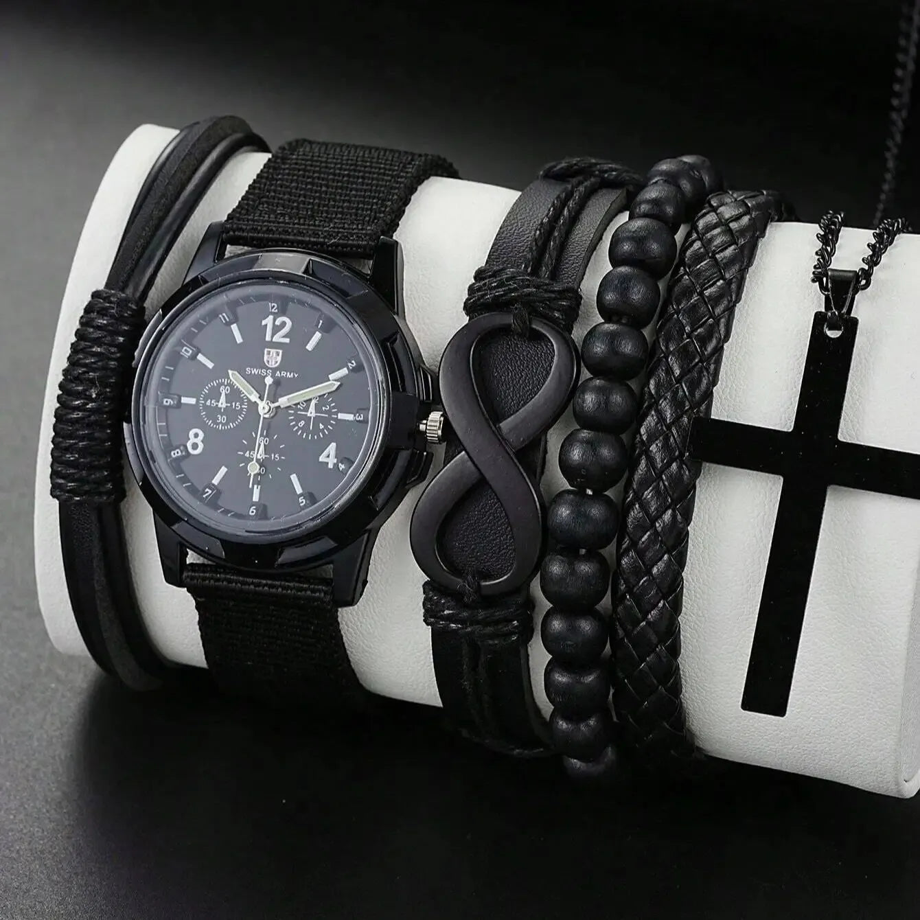 Men's 6-Piece Black Jewelry Set – Leather Bracelet, Mechanical Watch & Cross Necklace