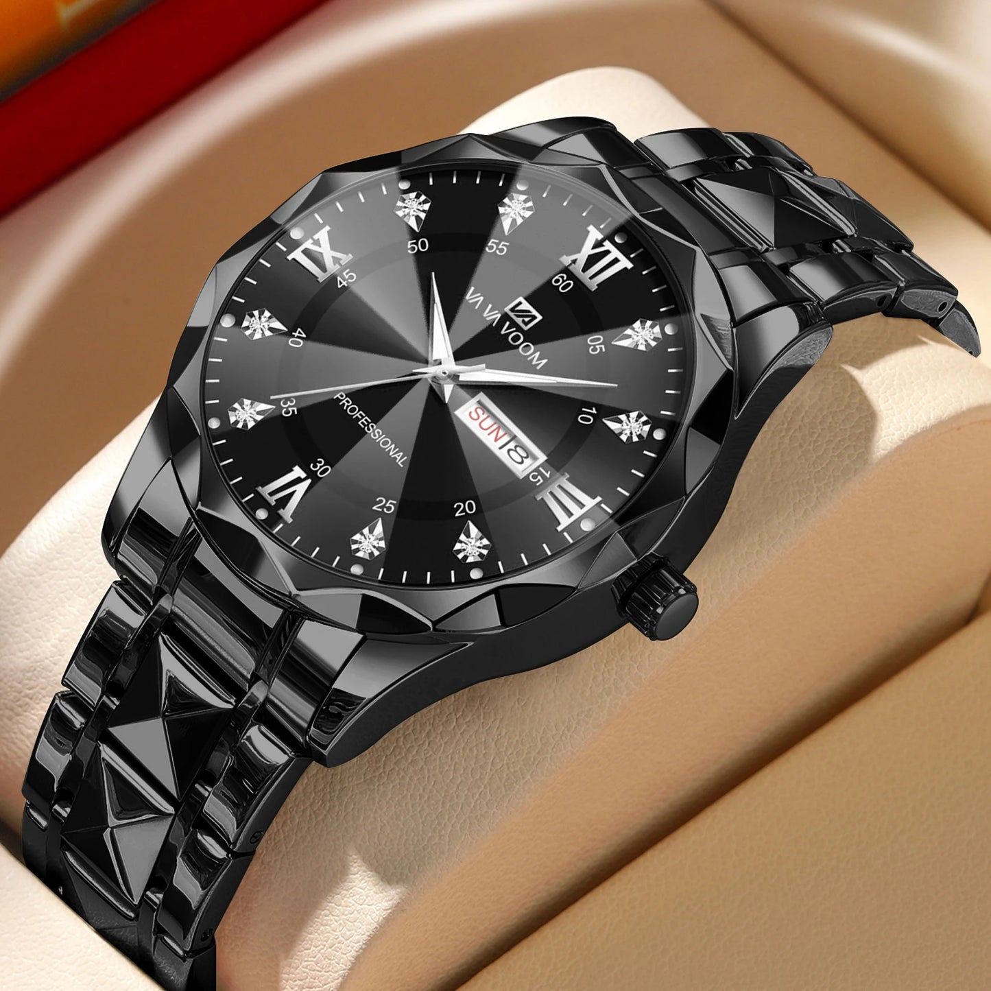 Luxury Men’s Diamond Watch – Blue Gold Stainless Steel, Night Glow, Double Calendar, 41mm