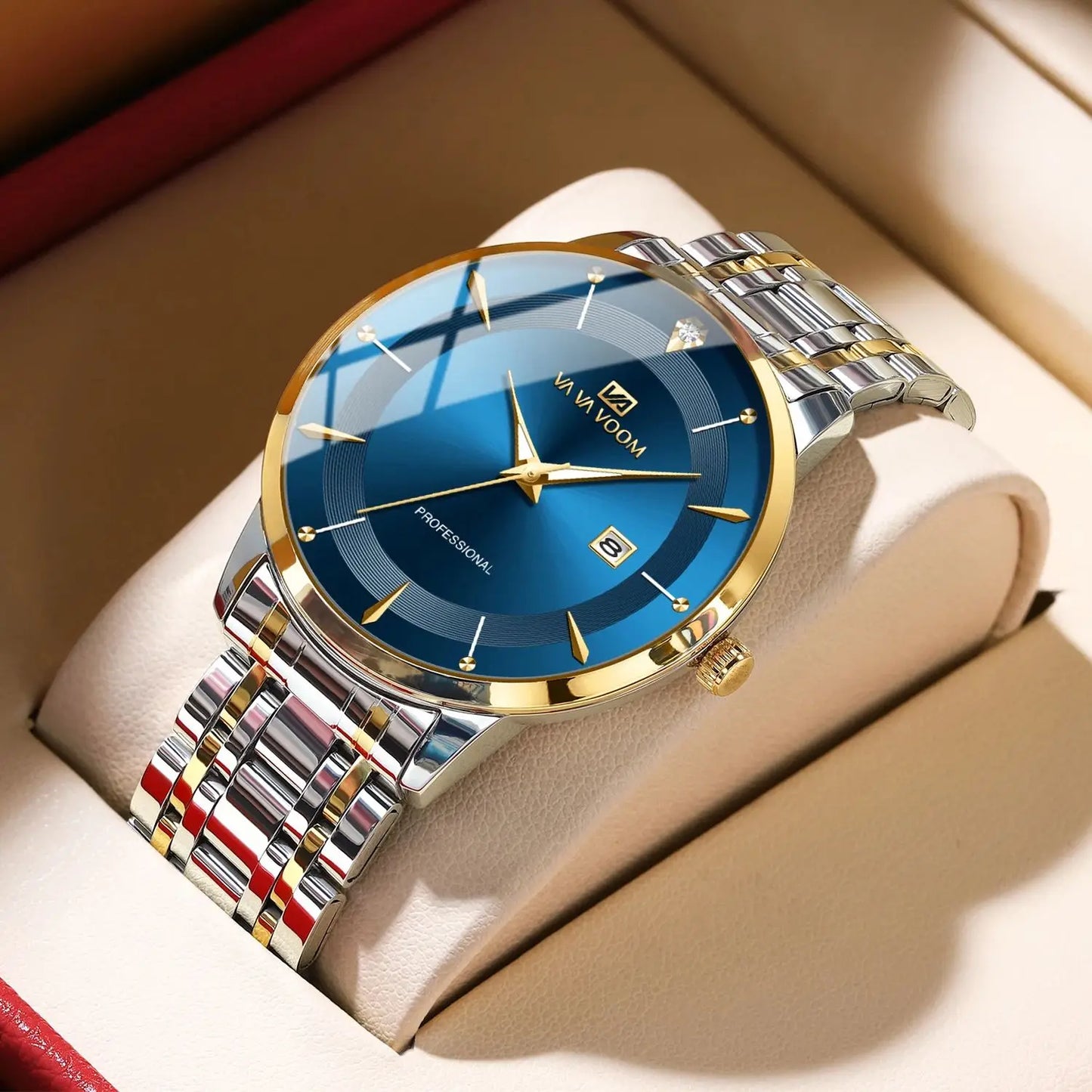 Luxury Men's Watch – Blue & Gold Quartz Stainless Steel with Rhinestones