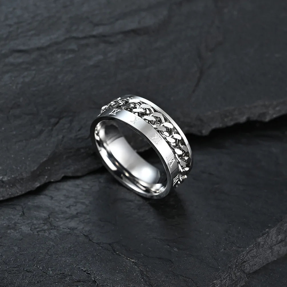 Men's Stainless Steel Roman Numeral Spinner Ring – Fidget Anxiety Ring, Black Rotating Chain Design